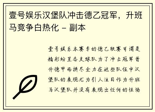 壹号娱乐汉堡队冲击德乙冠军，升班马竞争白热化 - 副本