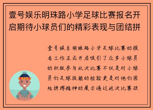 壹号娱乐明珠路小学足球比赛报名开启期待小球员们的精彩表现与团结拼搏精神