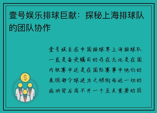 壹号娱乐排球巨献：探秘上海排球队的团队协作