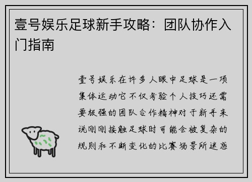 壹号娱乐足球新手攻略：团队协作入门指南
