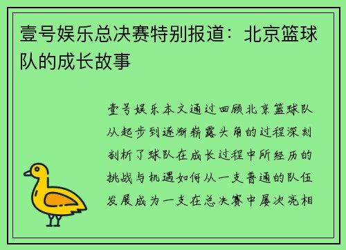 壹号娱乐总决赛特别报道：北京篮球队的成长故事