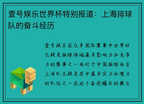 壹号娱乐世界杯特别报道：上海排球队的奋斗经历